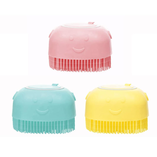 Dog Bath Brush, Pet Massage Brush Shampoo Dispenser, Soft Silicone Brush Rubber Bristle for Dogs and Cats Shower Grooming (Blue)