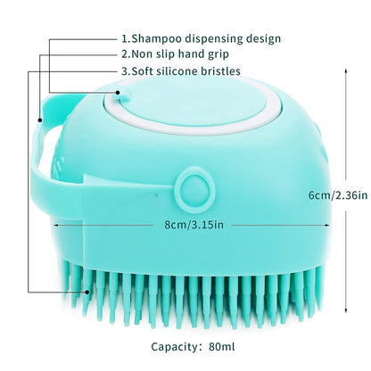 Dog Bath Brush, Pet Massage Brush Shampoo Dispenser, Soft Silicone Brush Rubber Bristle for Dogs and Cats Shower Grooming (Blue)